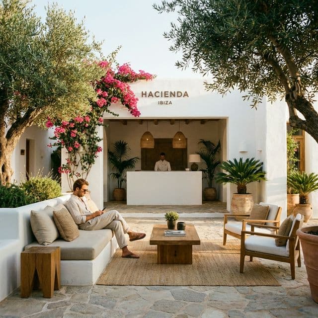 Luxury boutique hotel reception in Ibiza with guest relaxing